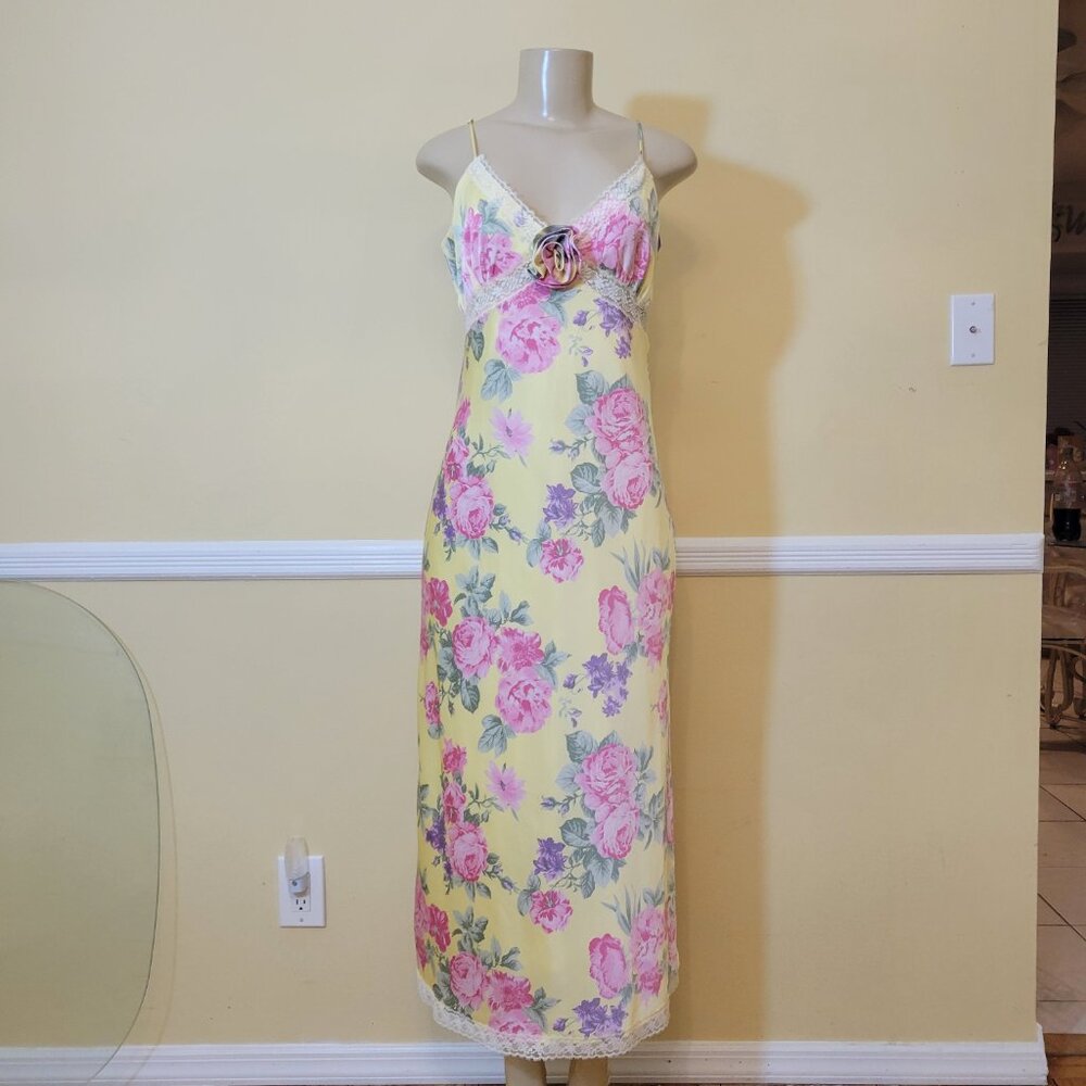 💐Yellow Pink Green Feminine Floral Yellow Lace Trim Maxi Dress  💐